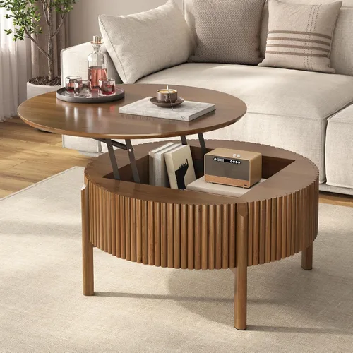 Vista 29 de Mesa auxiliar elevable con almacenamiento, moderna mesa central de 42 pulgadas con tres paneles de almacenamiento ocultos y estriados, elevación