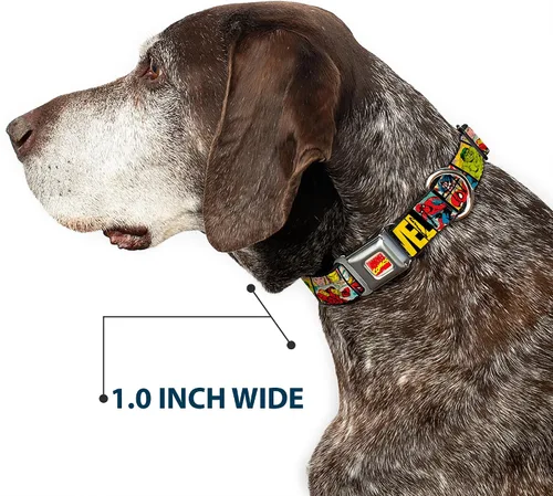 Vista 6 de Buckle-Down Collar de perro con hebilla para cinturón de seguridad, diseño de cómic, color negro y amarillo, 1 pulgada de ancho, se adapta a cuello