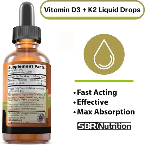 Vista 2 de SBR Nutrition Máxima absorción, vitamina D3 + K2 (MK-7) gotas líquidas con aceite MCT, sin sabor, ayuda a apoyar huesos fuertes y corazón saludable