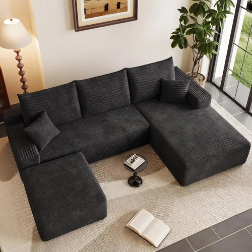 Vista 4 de Sofá modular Cloud de 95 pulgadas con otomana, moderno sofá nube en forma de U con asiento profundo, cómodo sofá de pana de 3 plazas, sofá de espuma