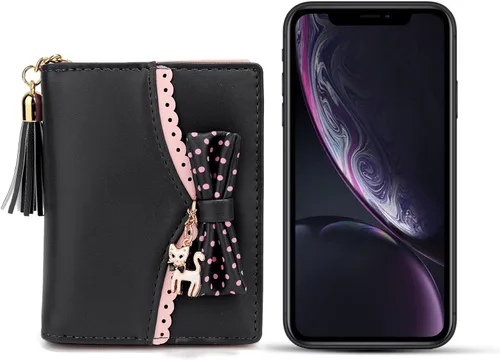 Vista 6 de UTO Cartera para niñas de piel sintética con colgante de gato con borla y cremallera, organizador de tarjetas para mujer, pequeño y lindo monedero