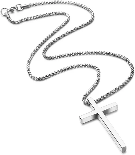 Vista 4 de Ursteel - Collar con dije de cruz de acero inoxidable para hombre, cadena de eslabones cuadrados de 16 a 30 pulgadas, color plateado, negro, dorado