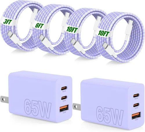Vista 12 de USB C de carga súper rápida de 65 W para iPhone 17 16 Pro Max, bloque de carga USB C de 3 puertos de 100 W y cable trenzado tipo C de 3/6/6/10 pies