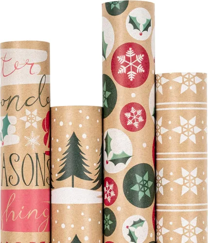 Vista 14 de RUSPEPA Papel de regalo de Navidad, papel kraft – reno, rayas y copos de nieve en diseño azul – 4 rollos – 30 pulgadas x 10 pies por rollo