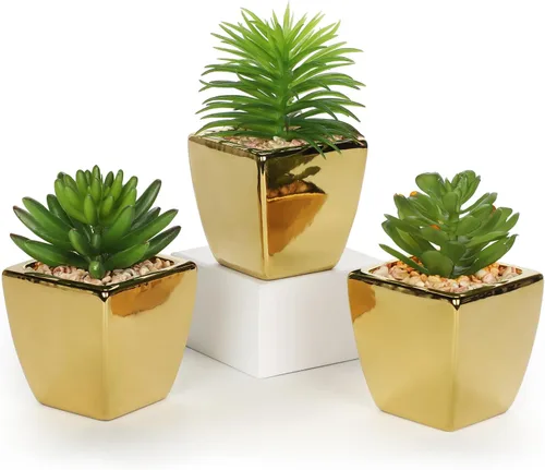 Vista 13 de Hollyone Plantas suculentas artificiales grandes en macetas, plantas suculentas falsas en macetas con maceta de cerámica negra para decoración