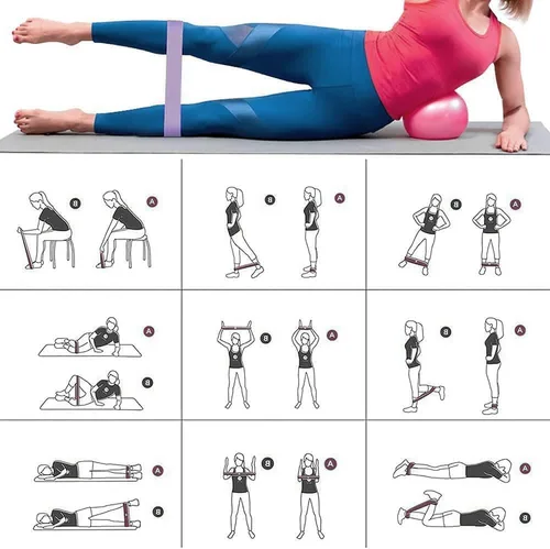Vista 2 de 5-Piece Pilates Resistance Bands Set – Multi-Resistance Level Workout Bands for Pilates, Strength Training & Flexibility Stretching (Pink & Purple)