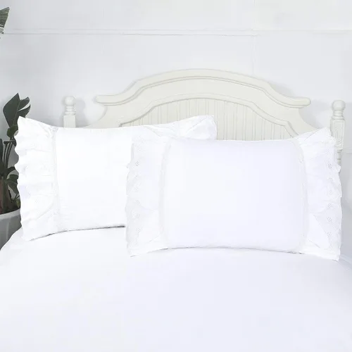 Vista 3 de Juego de 2 fundas de almohada con ojales de encaje con volantes, color blanco, estilo rústico y elegante, de algodón, con bordado, floral