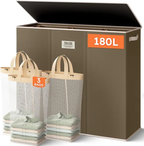 Vista 14 de SOLEDI Cesta de lavandería de 3 secciones de 180L con tapa, cesta de ropa sucia extragrande con asas resistentes para lavandería y dormitorio