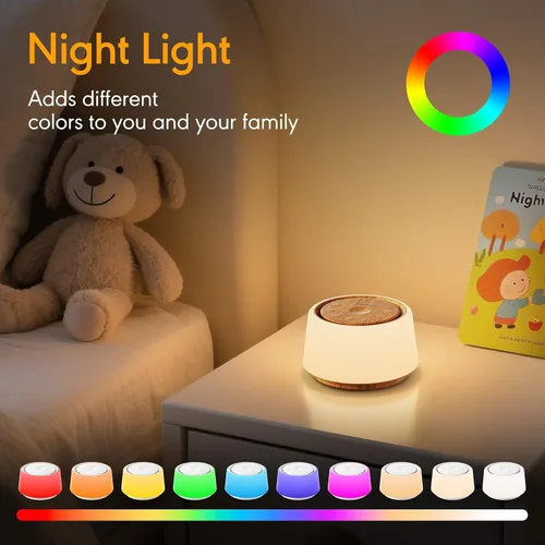 Vista 4 de Máquina de ruido blanco con luz nocturna, 30 sonidos relajantes, máquina de sonido portátil para bebés y adultos, luz nocturna de 10 colores, 5