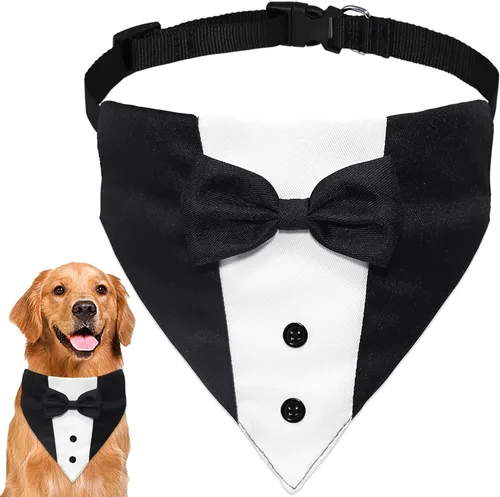 Vista 8 de GOYOSWA Traje de esmoquin para perro, collar bandana de boda con corbatín, esmoquin formal ajustable para perro, esmoquin de cumpleaños