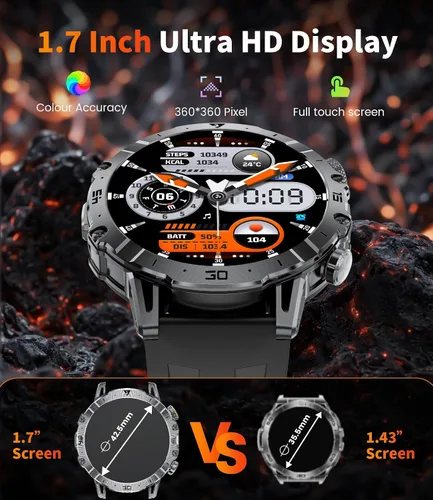 Vista 7 de Reloj Inteligente Militar para Hombres (3 Bandas), Relojes Inteligentes con Pantalla HD Grande de 1.7" y 1000mAh con Linterna LED para Android iOS