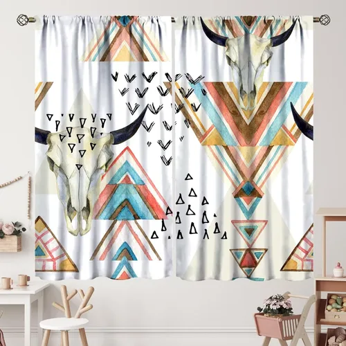 Vista 87 de Cortinas con patrón geométrico tribal, estilo suroeste, azteca, rústico, occidental, nativo americano, opacas, con bolsillo para barra, decoración