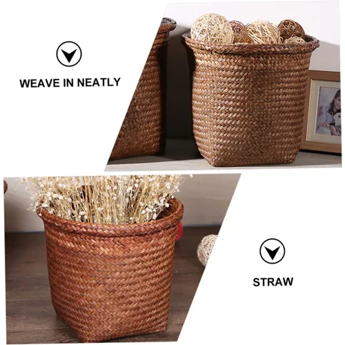 Vista 8 de Papelera de ratán tejida con paja, cesta de basura de oficina, diseño de paja natural, seguro y fácil de usar