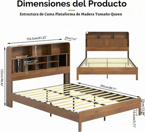 Vista 2 de Lxsxlome Base de cama tamaño Queen con cabecero y estación de carga de Nuez-reina