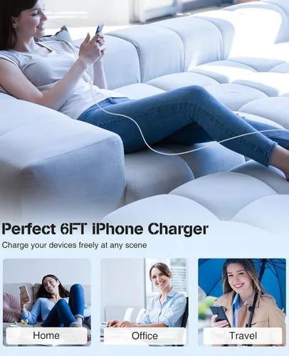 Vista 8 de Cargador para iPhone 17 y 16, carga rápida, tipo C, 20 W, USB C, bloque para iPad, con cable USB-C tejido de 6 pies, sincronización de datos de 60 W