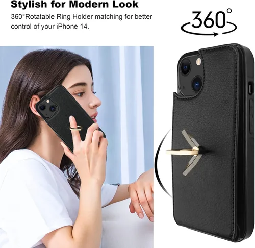 Vista 3 de Folosu Funda tipo billetera compatible con iPhone 14 con soporte para tarjetas, soporte de anillo para dedo con rotación de 360° y función atril