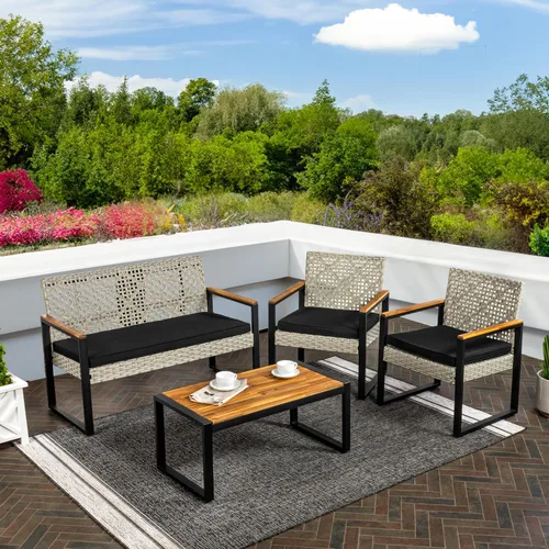 Vista 2 de JONATHAN Y Wilder - Juego de patio al aire libre de 4 piezas, color blanco lavado PE Rattan Woven Conversation Seating, Acacia Wood Table, Black