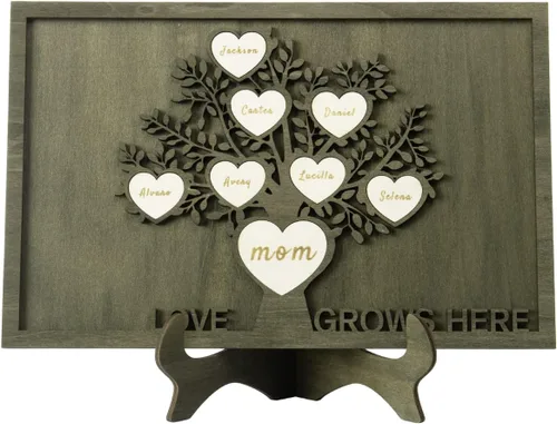 Vista 22 de Árbol genealógico con etiqueta de corazón, placas de madera grabadas personalizadas, regalos personalizados para madres, padres, escritorio, nombres