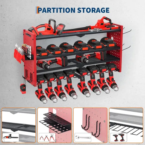 Vista 3 de GarveeTech Organizador de herramientas eléctricas, soporte de pared para taladro, estante de garaje resistente de 4 capas con cargas de metal de 400