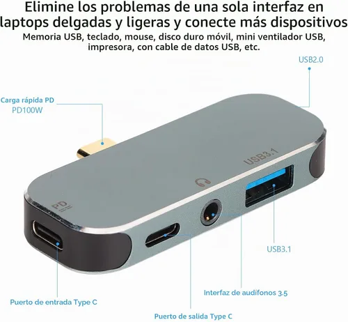 Vista 2 de Hub tipo C, 5 en 1 tipo C a PD, tipo C, USB3.1, AUX de 0.138 in, adaptador de concentrador USB C USB2.0 para Android para OS X
