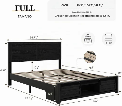 Vista 2 de Base de cama tamaño matrimonial con cabecero de madera, estructura de cama de plataforma de madera con estribo de puerta corrediza de granero