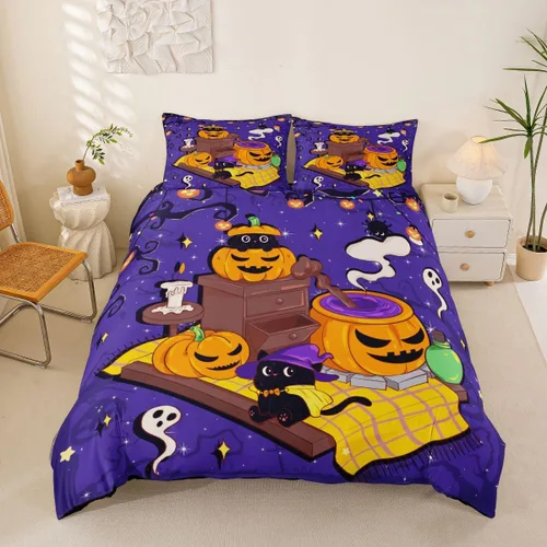 Vista 16 de Erosebridal Halloween Castle Pumpkin Duvet Cover Set Spooky Floral Cartoon Twin Bedding Sets for Girls Kids Boys Vintage Spooky Comforter Cover