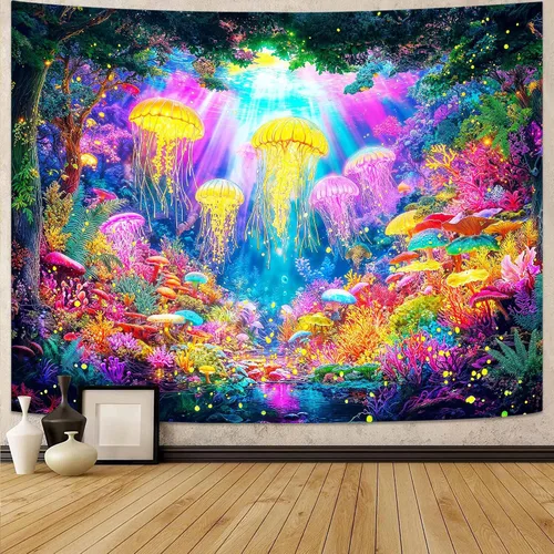 Vista 23 de Kanuyee Tapiz de luz negra de neón para colgar en la pared, bosque encantado, cascada, tapices para dormitorio, tapices UV, para colgar en la pared