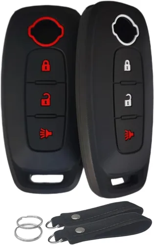 Vista 6 de Funda de silicona para llavero sin llave, compatible con Nissan Pathfinder Rogue 2023 2024 - 3 botones (negro con blanco)