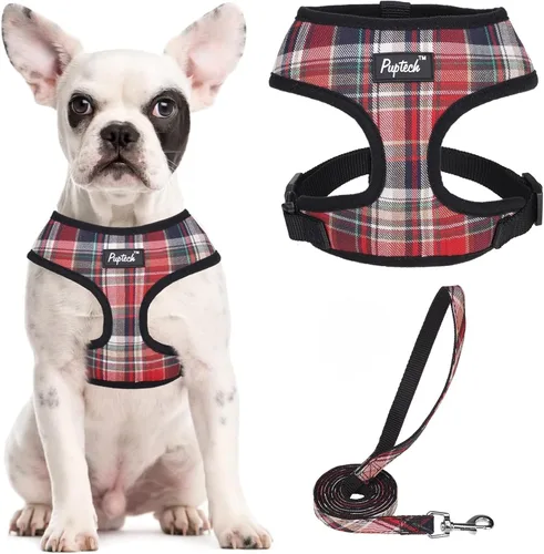 Vista 18 de PUPTECK Juego de arnés y correa de malla suave para perro, cachorro y gato, cómodo chaleco acolchado sin tirones, azul Pascua, S