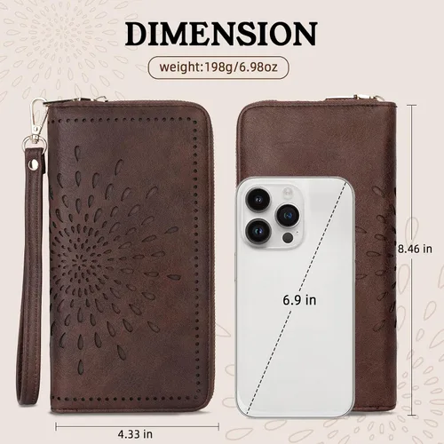 Vista 7 de APHISON Billetera para mujer, gran capacidad, monedero, tarjetero, RFID, pulsera, teléfono, cremallera, moneda, bolsillo de viaje