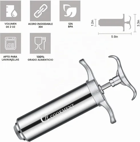 Vista 8 de JY COOKMENT Jeringa inyectora de carne 2-oz Barril sabor adobo de acero inoxidable 304 con 3 agujas profesionales 2 cepillos de limpieza y 4 anillos