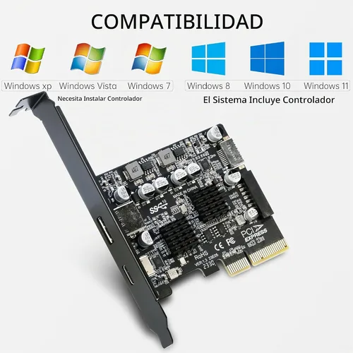 Vista 5 de Tarjeta PCIe USB 3.1, adaptador RIITOP PCI-e 3.0 x4 a USB 3.2 Gen2 (10Gbps) se expande a 20 pines + tipo E + 1 USB 3.0 + 1 USB C