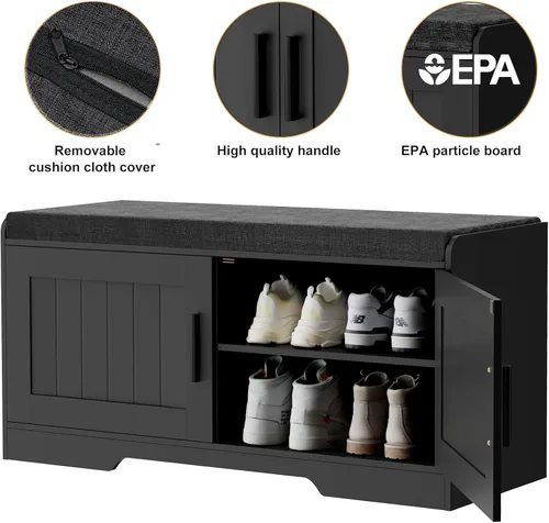 Vista 7 de Homleke Banco de almacenamiento de zapatos, 2 puertas y cojín acolchado Negro