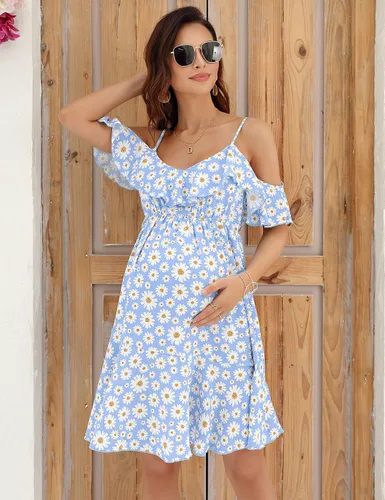 Vista 4 de FUNJULY Vestido de lactancia de maternidad para mujer, cuello en V, tirantes delgados, manga con volantes, estampado de margaritas, vestido
