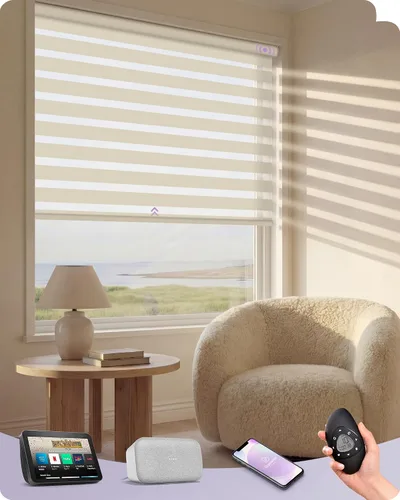 Vista 15 de Graywind Persianas motorizadas de cebra para ventanas, persianas inteligentes 100 % opacas con control remoto, persianas de cebra personalizadas