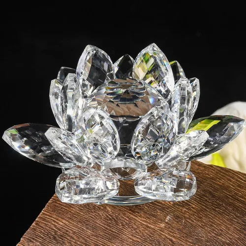 Vista 8 de Flor de loto de cristal brillante, 4 pulgadas, reflejo de loto de cristal transparente para Feng Shui, decoración del hogar, adornos o peso de papel