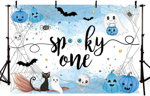 Vista 2 de MEHOFOND Fondo espeluznante de Halloween de 7 x 5 pies, fondo azul acuarela Little Boo Baby Shower para niños, telaraña de murciélago, calabaza