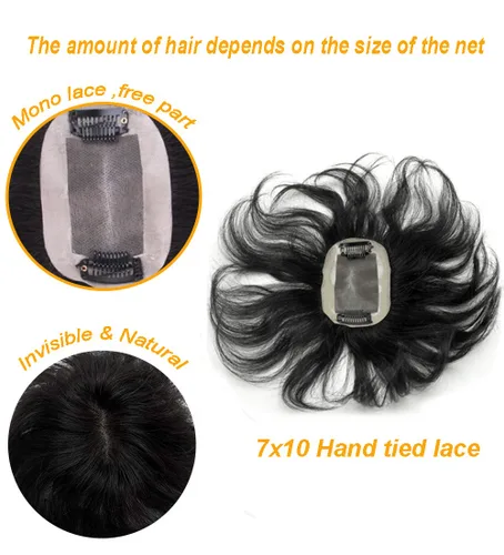 Vista 4 de Extensiones de cabello humano con base monofónica tejida a mano, 7 pulgadas, cabello ondulado corto, 2.8 x 3.9 in, parte libre, área pequeña De