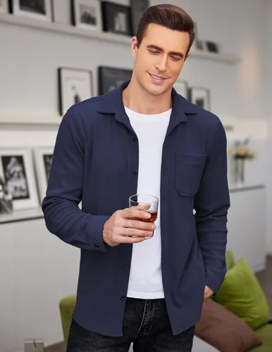 Vista 4 de COOFANDY Camisa de pana para hombre, estilo chaqueta ligera, de manga larga, con botones