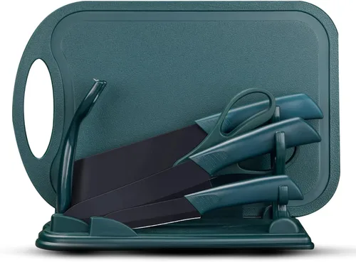 Vista 8 de Magicorange Juego de cuchillos de cocina de 7 piezas, 5 cuchillos de acero inoxidable negros con fundas, tabla de cortar y un bloque de cuchillos