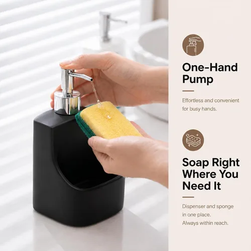 Vista 4 de Dispensador de jabón 2 en 1 con soporte para esponja, dispensador de jabón de cocina de cerámica con organizador integrado, organizador de fregadero