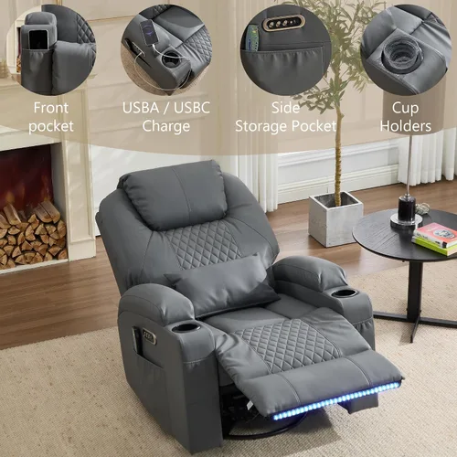 Vista 8 de Dual-Motor Power Swivel Rocker Recliner Chair with Heat & Massage Light Gray
