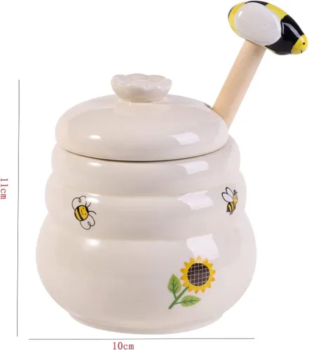 Vista 2 de Tarro de Miel Cerámico con Cuchara de Miel de Madera - Tarro de Miel con Cuchara - Tarro de Miel con Soporte, Gran Decoración de Abeja - Decoración