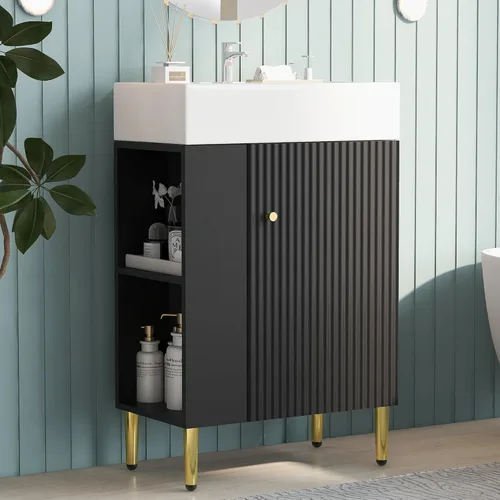 Vista 12 de LUMISOL Mueble de baño pequeño de 21.6 pulgadas con fregadero, tocador de baño estrecho con una puerta y almacenamiento lateral derecho, armario