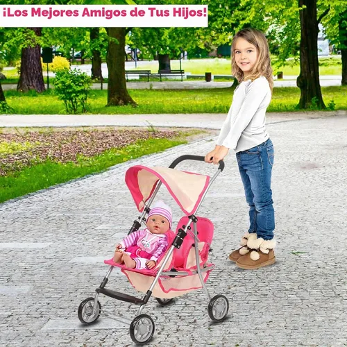 Vista 7 de Fash n kolor, Twin Doll Double Stroller Pink & Off-White Design Easy to Fold Double Stroller with Basket in The Bottom Rosa