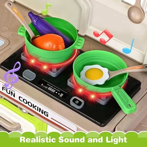 Vista 3 de Juego de cocina, juego de cocina para niños con sonido y luz realista, estufa de cocina, fregadero, comida de juego y accesorios, 57 piezas
