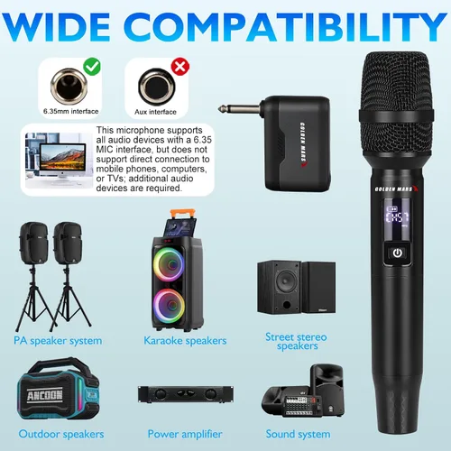 Vista 5 de Micrófono inalámbrico, 2.4 GHz Pro AI Auto Match Canales Recargables Paquete de 2 Micrófonos con Recepción estable de hasta 300 pies para cantar