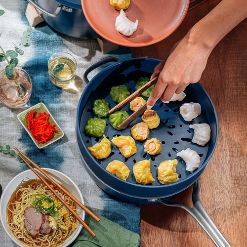 Vista 7 de Risa Vaporizador apilable: vaporizador de silicona apto para alimentos para verduras, albóndigas y más. Apilable para cocinar al vapor de varios
