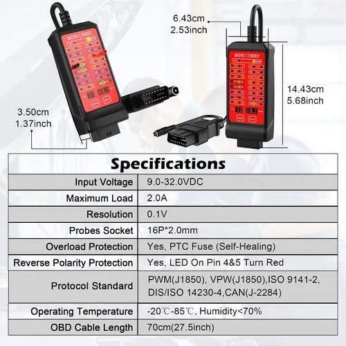 Vista 9 de Caja de ruptura OBD2, WOYO CTB007 12V/24V CAN Tester Box con cable de extensión OBD de 27 pulgadas, voltaje VPP digital de 16 pines, herramienta