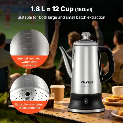 Vista 2 de VEVOR Cafetera Eléctrica de 12 Tazas con Percolador, Cafetera de Acero Inoxidable 304 con Función de Mantenimiento en Calor y Mango Resistente al